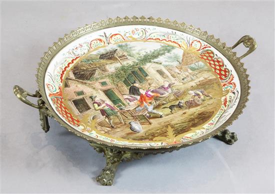 A Lille faience and brass mounted dish, late 19th / early 20th century, width 65cm